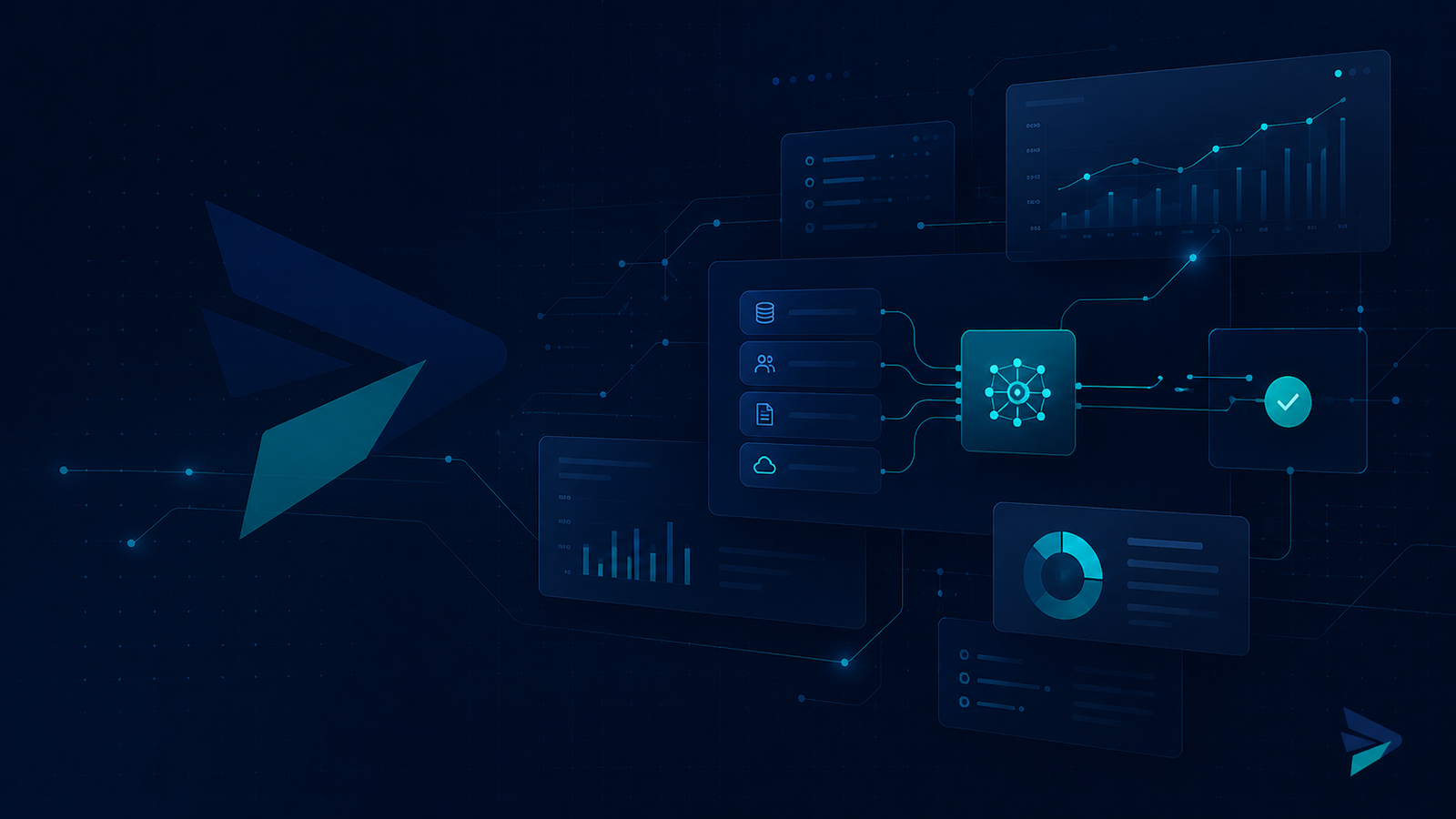 Your data sources wired into an AI engine that feeds live dashboards